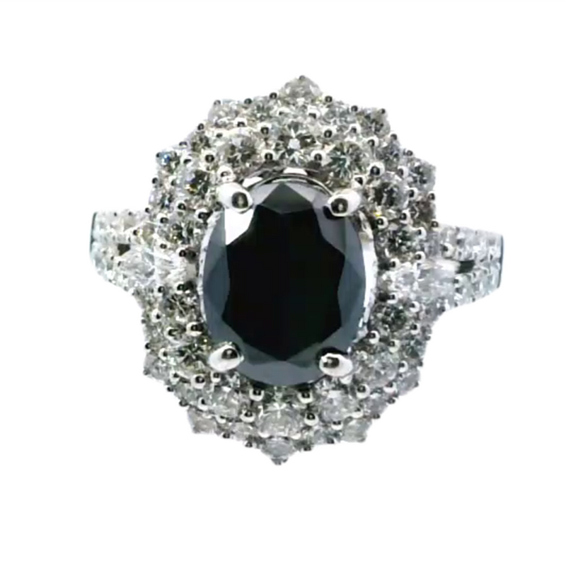 18K White Gold Oval Black Diamond Double Halo Engagement Ring