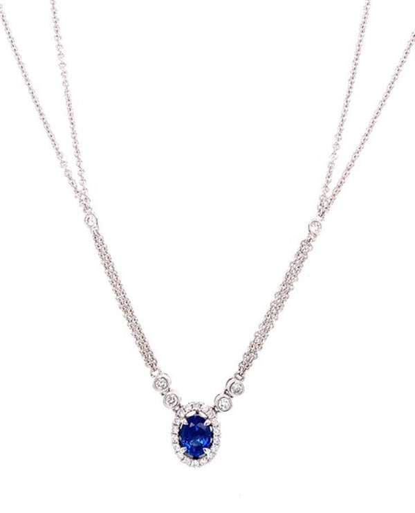 Vibrant Colored Stone Necklaces 18K Gold White 0.90 Carats Sapphire & 0.31 Carats Diamond Halo Necklace, 18 Inch