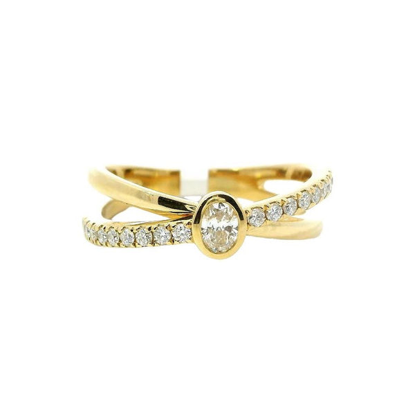 Elegant & Trendy 18K Gold Yellow 0.16 Carats Oval Diamond & 0.20 Carats Round Diamond Accented Fashion Criss Cross Band