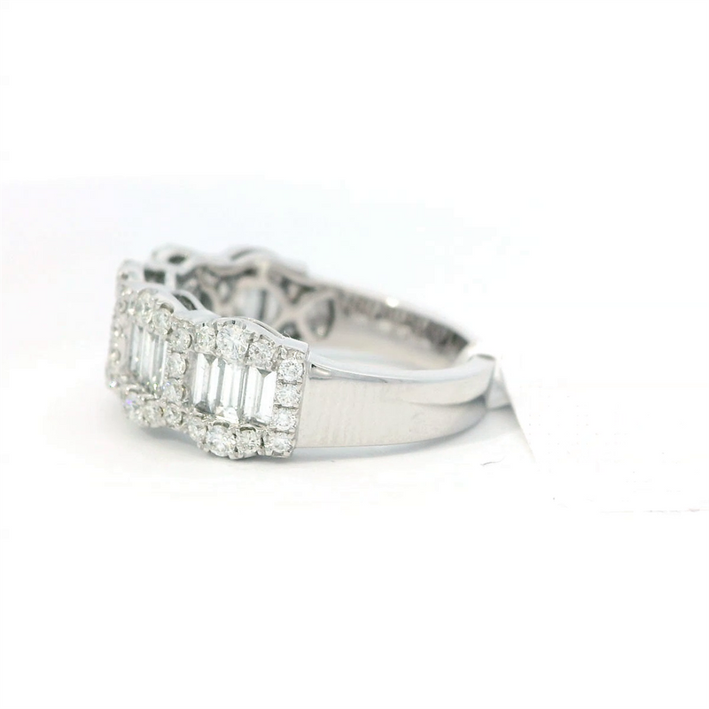 18K White Gold Halo Fashion Ring with Baguette & Round Diamonds