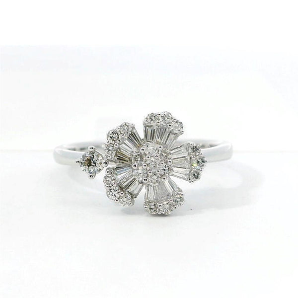 Elegant & Trendy 18K Gold White 0.27 Carats Baguette Diamond & 0.29 Carats Round Diamond Floral Fashion Ring