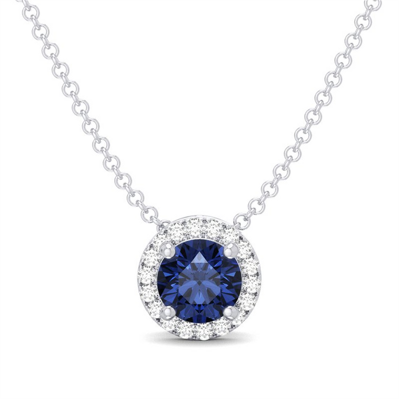 White 10 Karat Gold 0.39 Carats  Blue Sapphire & 0.05 Carats Diamond Halo Necklace