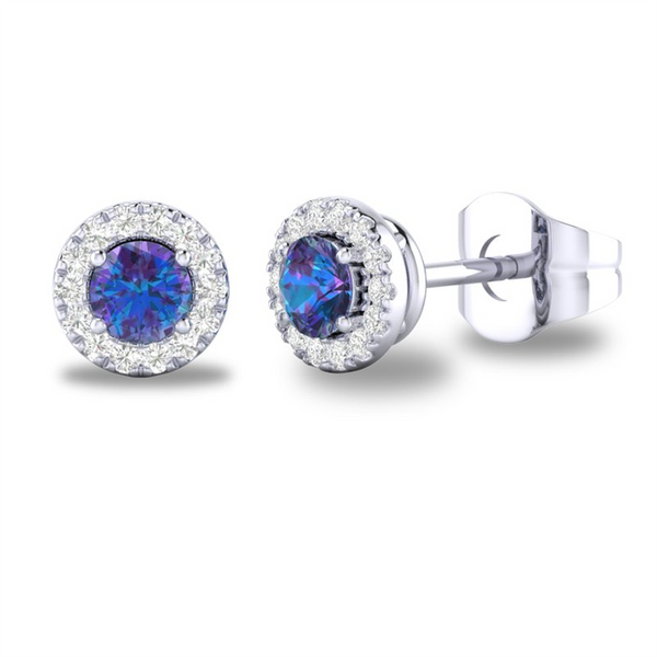 White 10 Karat Gold 0.27 Carats Synthetic Alexandrite & 0.10 Carats Diamond Halo Earrings