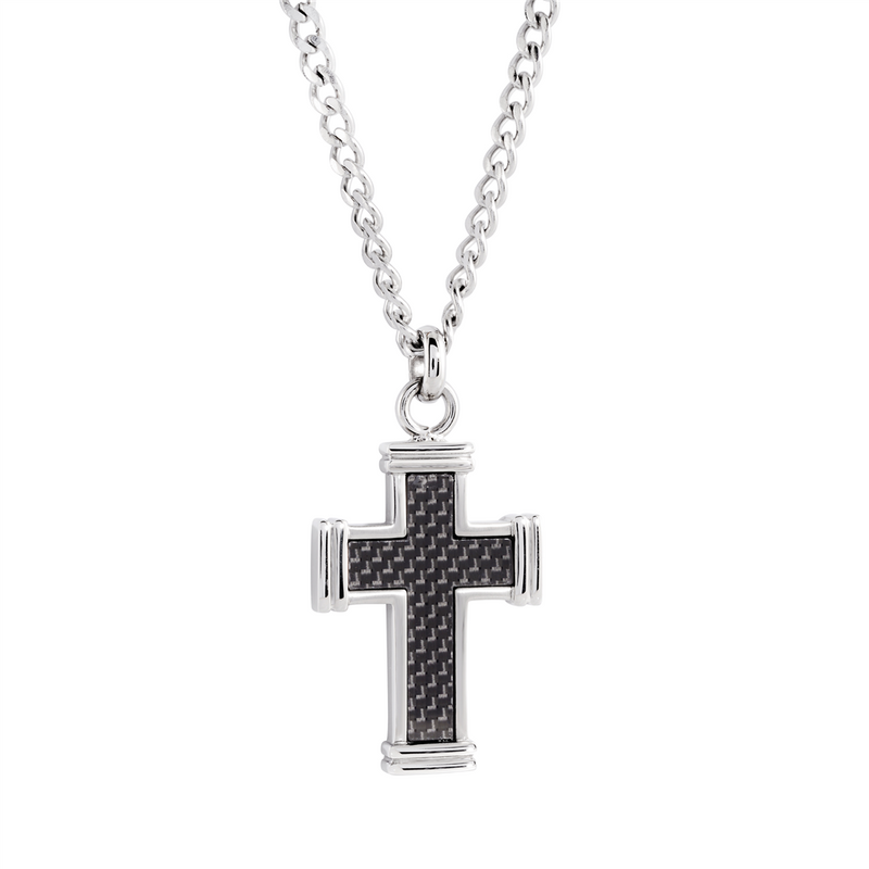 Bold & Contemporary Pendant & Chains White Stainless Steel Carbon Fiber Cross Pendant & Curb Chain, 22 Inch