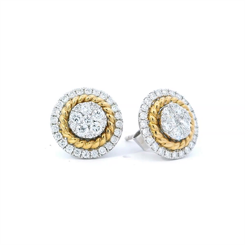 18K Two-Toned Gold Stud Diamond Earrings with Cluster Center & Double Halo, 1.05ct