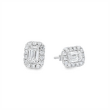 18K White Gold Emerald-Cut Diamond Stud Earrings with Halo