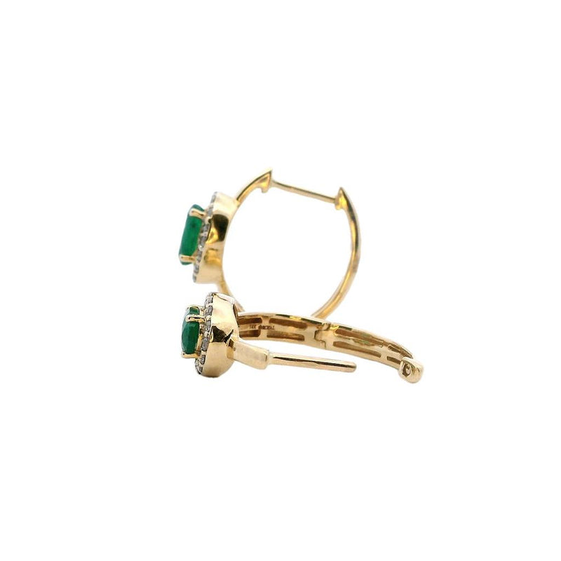 Vibrant Color Stone 14K Gold Yellow 0.88 Carats Emerald & 0.25 Carats Diamond Medium Hoop Earrings