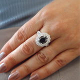 18K White Gold Oval Black Diamond Double Halo Engagement Ring