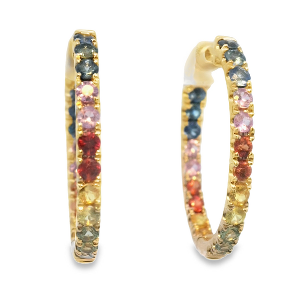 Yellow 14 Karat Gold 3.53 Carats  Rainbow Sapphire Large Hoop Earrings