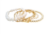 Elegant Pearl Bracelet - Sterling Silver Two-Toned Stretch Five Bracelet Stack Set, 7 Inch