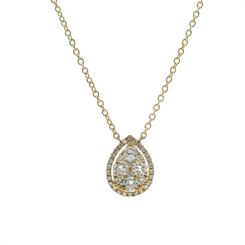 18K Yellow Gold Drop Diamond Necklace with 0.66 Carats Pear Shape Halo Pendant