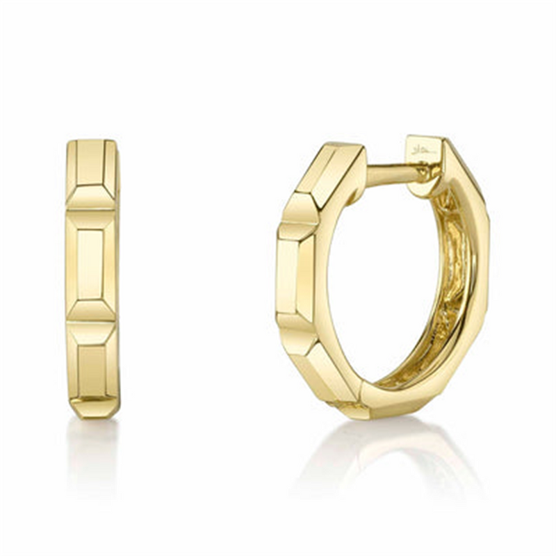 Elegant Precious Metal Earrings 14K Gold Yellow Huggie Geometric Cut Hoop Earrings