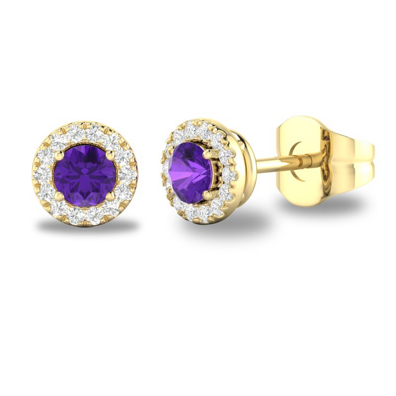 Yellow 10 Karat Gold 0.20 Carats Amethyst & 0.10 Carats Diamond Halo Earrings