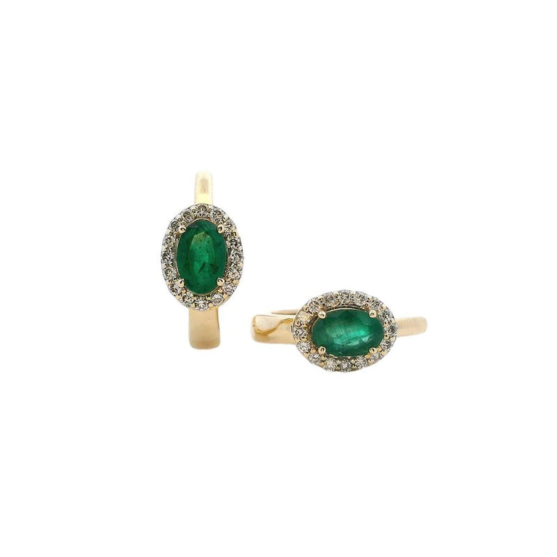 Vibrant Color Stone 14K Gold Yellow 0.88 Carats Emerald & 0.25 Carats Diamond Medium Hoop Earrings