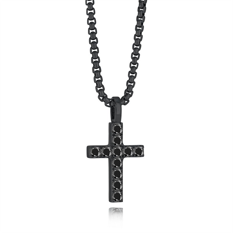 Colored Stone Necklaces Stainless Steel Black Cubic Zirconium Cross Necklace, 22 Inch