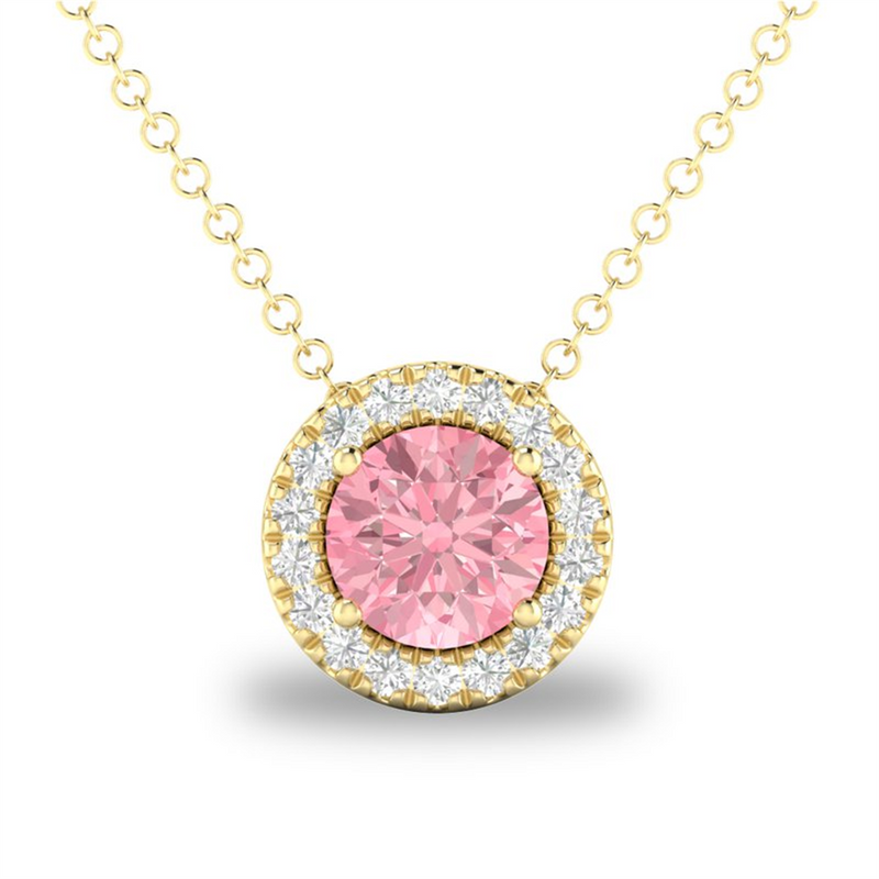 Yellow 10 Karat Gold 0.24 Carats PinkTourmaline & 0.05 Carats Diamond Halo Necklace