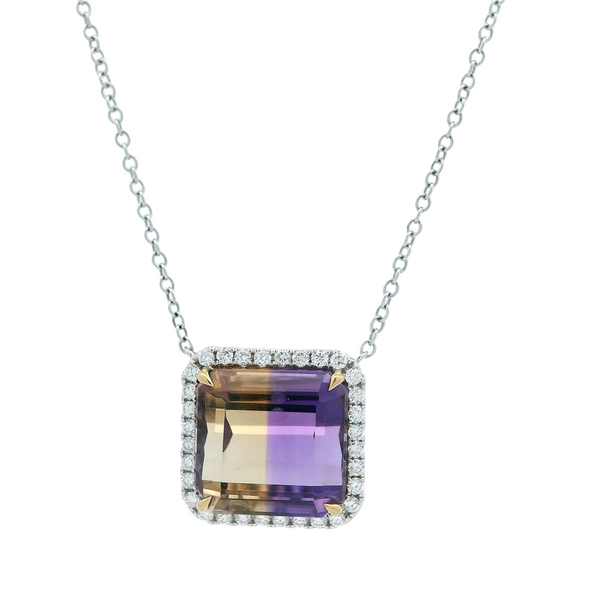 Vibrant Colored Stone Necklaces 18K Gold White 14.80 Carats Ametrine & 0.51 Carats Diamond Halo Necklace, 18 Inch