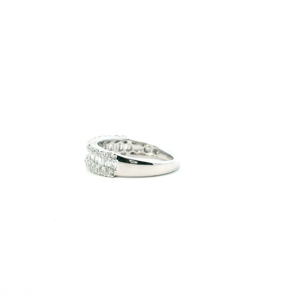 14K White Gold Anniversary Diamond Ring, 1.00ctw Various Shapes, Two Rows of Round Diamonds with Baguette Center