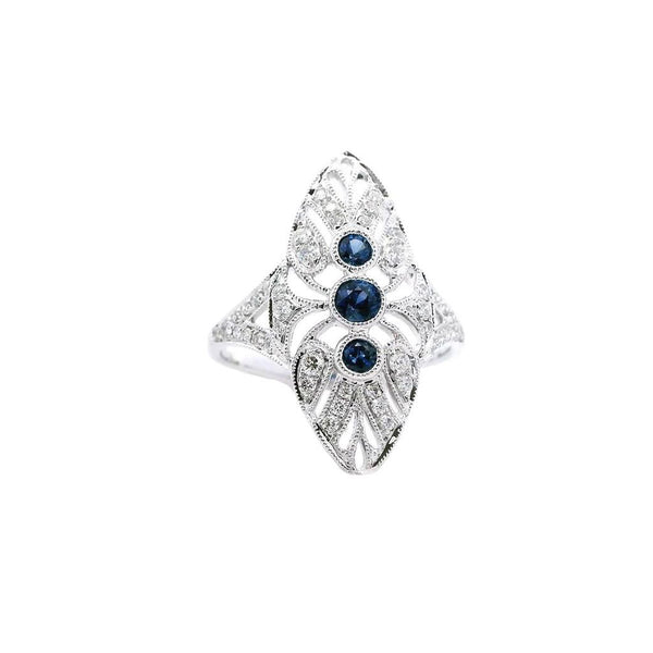 Bold & Elegant 18K Gold White Vintage Inspired Color Stone Fashion Ring - 0.31 Carats Blue Sapphire & 0.31 Carats Diamond