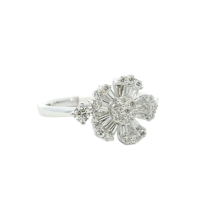 Elegant & Trendy 18K Gold White 0.27 Carats Baguette Diamond & 0.29 Carats Round Diamond Floral Fashion Ring