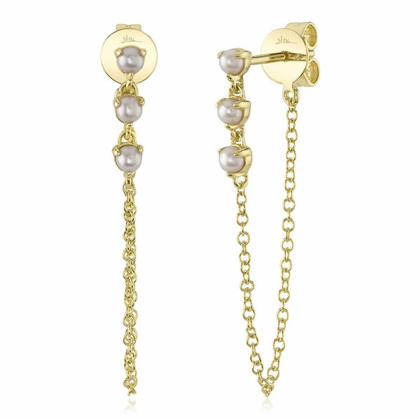 Yellow 14 Karat Gold Cultured Pearl Chain Dangle Earrings
