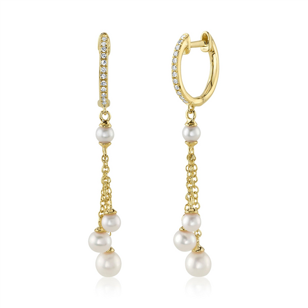 Yellow 14 Karat Gold Cultured Pearl & 0.07 Carats Diamond Dangle Earrings