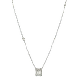 18K White Gold Drop Halo Diamond Necklace with Baguette & Round Diamonds