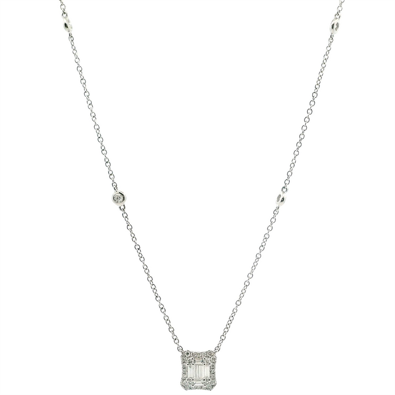 18K White Gold Drop Halo Diamond Necklace with Baguette & Round Diamonds