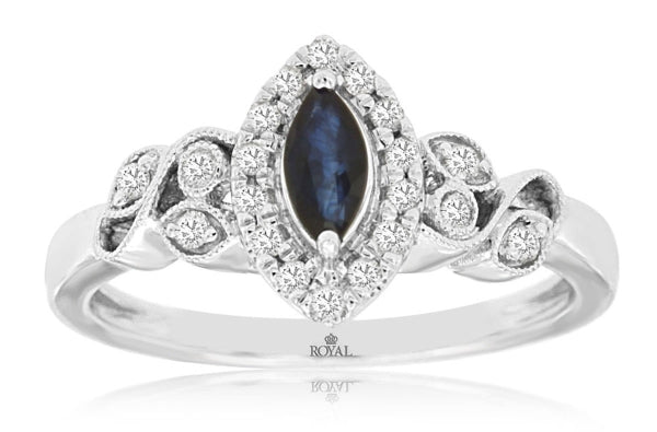 14K White Gold Vintage-Inspired Milgrain Diamond Halo Ring with 0.27ct Marquise Blue Sapphire & 0.16ct Diamonds