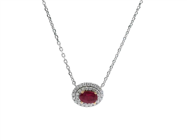 Vibrant Colored Stone Necklaces 18K Gold White 0.48 Carats Ruby & 0.25 Carats Diamond Halo Necklace, 18 Inch