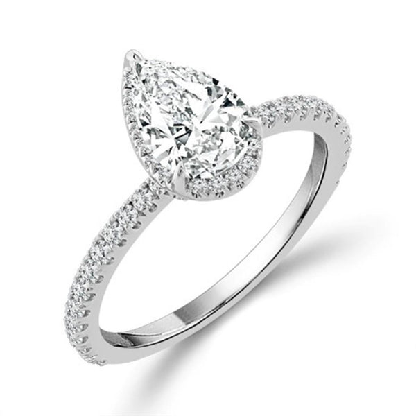 White 14 Karat Gold Lab-Grown 1.33 Carats Pear Diamond Halo Engagement Ring