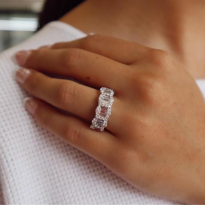 18K White Gold Halo Fashion Ring with Baguette & Round Diamonds