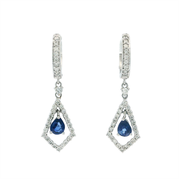 18K White Gold Dangle Hoop Earrings with Fluttering Pear Sapphires & 0.54ct Diamond Accents