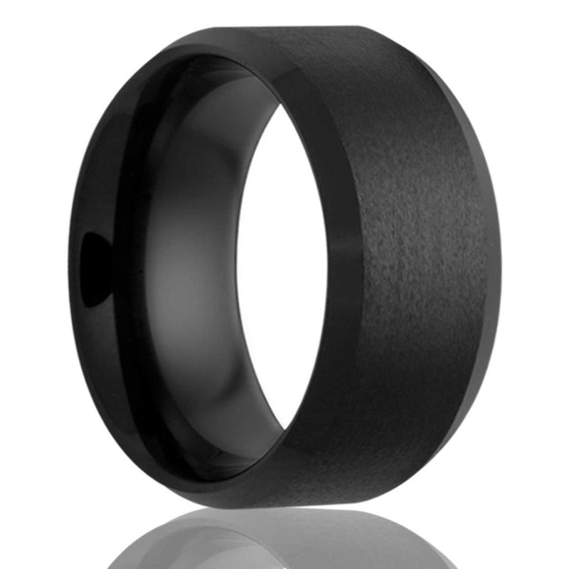 8mm Beveled Edge Black Ceramic Ring with Satin Finish, Size 11.5