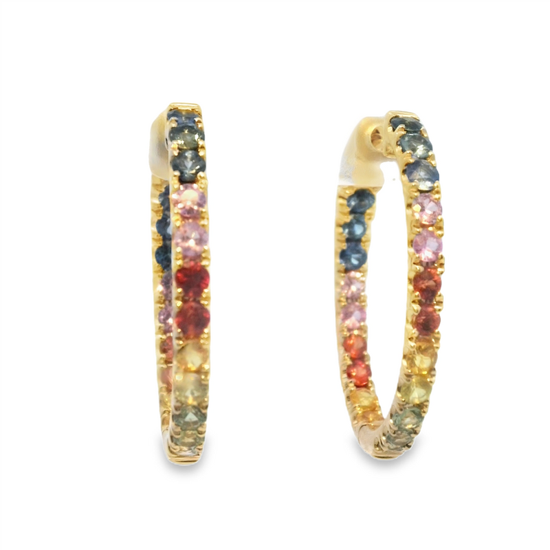 Yellow 14 Karat Gold 3.53 Carats  Rainbow Sapphire Large Hoop Earrings