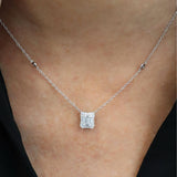 18K White Gold Drop Halo Diamond Necklace with Baguette & Round Diamonds