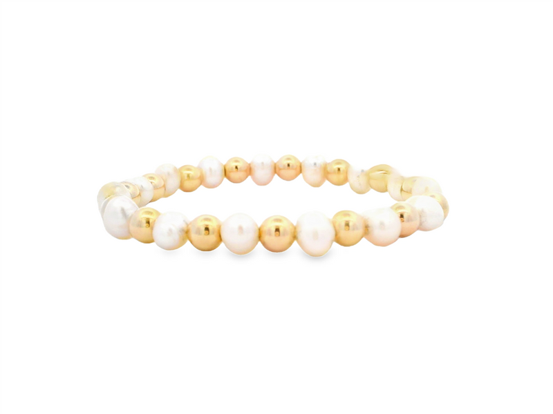 Elegant Pearl 6mm Round Pearl & Yellow Gold Filled Stretch Bracelet, 7.5 Inch