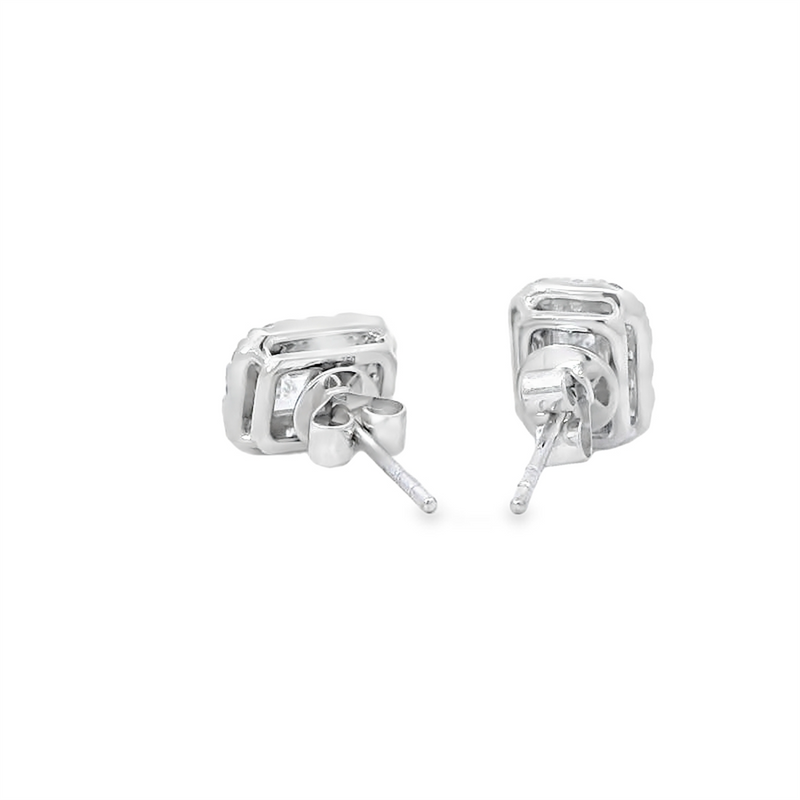 18K White Gold Emerald-Cut Diamond Stud Earrings with Halo