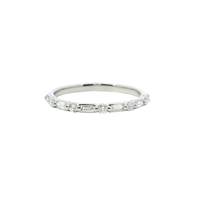 Elegant Diamond Bands 14K Gold White Stackable  1/4 Carats Baguettee & Round Diamond Anniversary Band