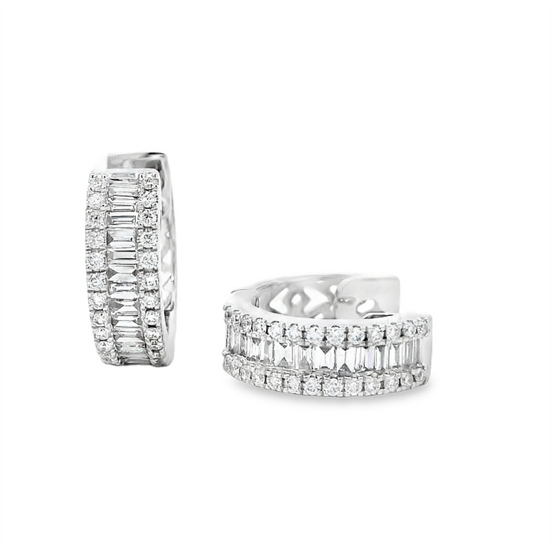 18K White Gold Huggie Earrings with Baguette & Round Diamonds, 0.57ct Total