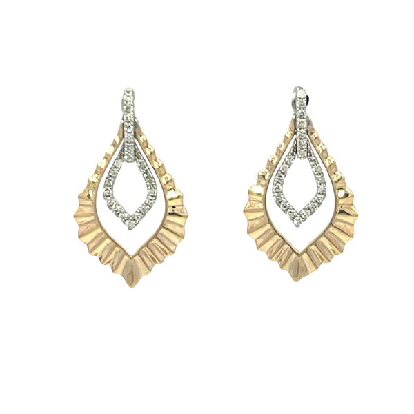 Two-Toned 14 Karat Gold 0.13 Carats Diamond & Ribbed Polished Gold Dangle Earrings