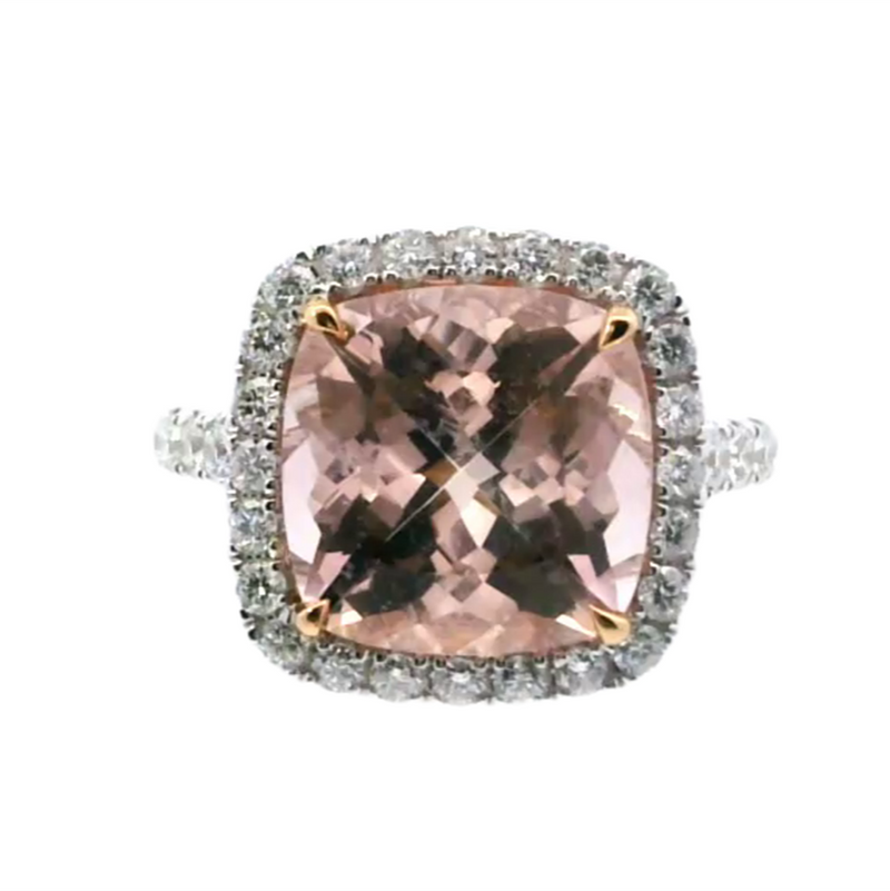 18K Two-Toned Gold Morganite & Diamond Halo Ring"