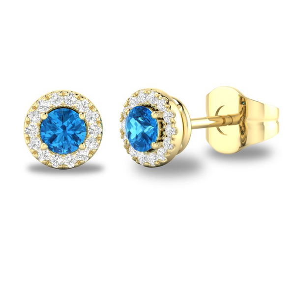 Yellow 10 Karat Gold 0.25 Carats Blue Topaz & 0.10 Carats Diamond Halo Earrings