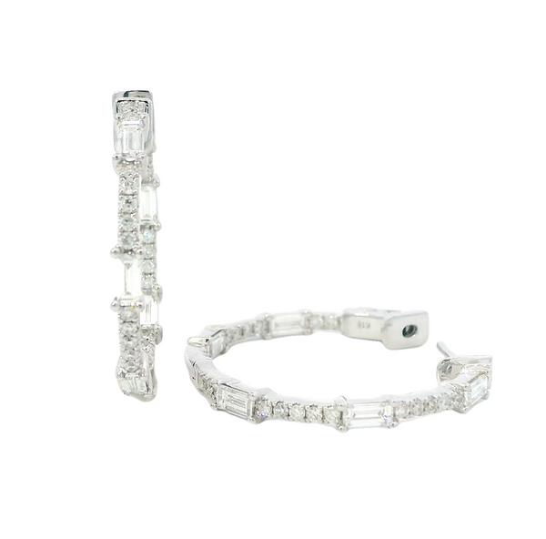 18K White Gold 24.7mm Inside-Out Diamond Hoop Earrings with 1.36ct Baguette & Round Diamonds