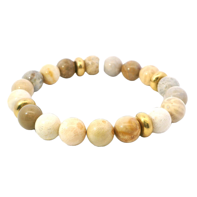 Yellow Gold Filled 10mm Fossil Coral Bead Stretch Bracelet, 8 Inches