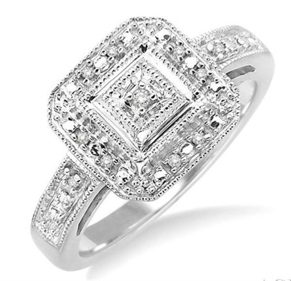 Sterling Silver White Square Halo Round Diamond Accented Engagement Promise Ring - 0.05 CTW Diamond, Size 7