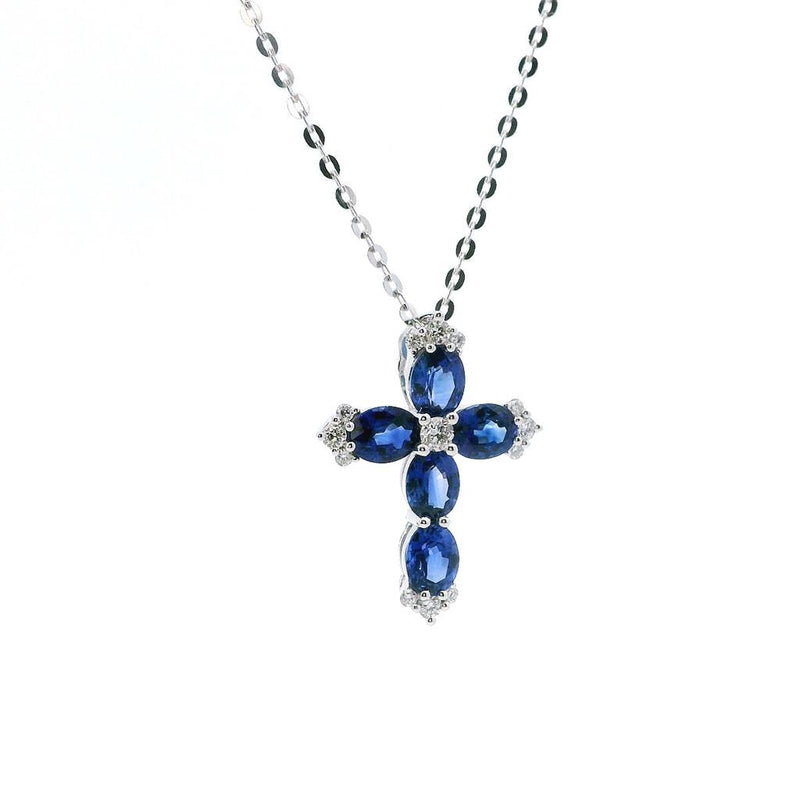 Vibrant 18K Gold White 1.47 Carats Sapphire & 0.15 Carats Diamond 19x14mm Cross Color Stone Pendant