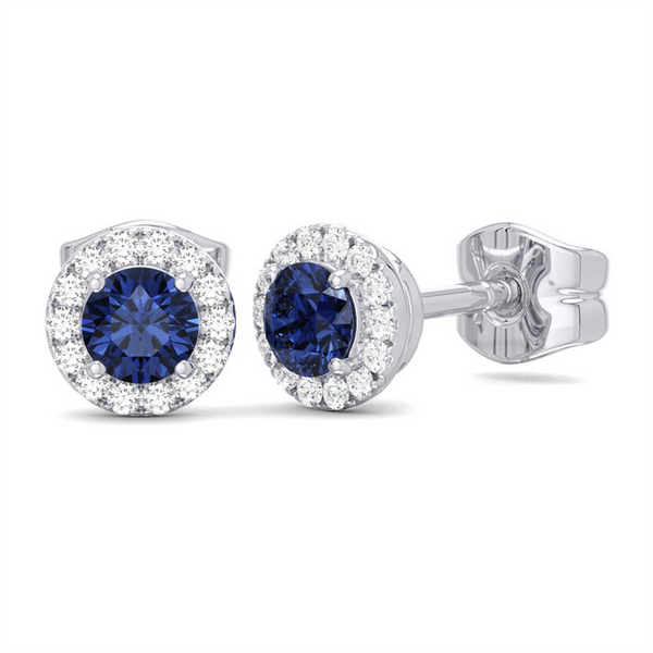 White 10 Karat Gold 0.30 Carats Blue Sapphire & 0.10 Carats Diamond Halo Earrings