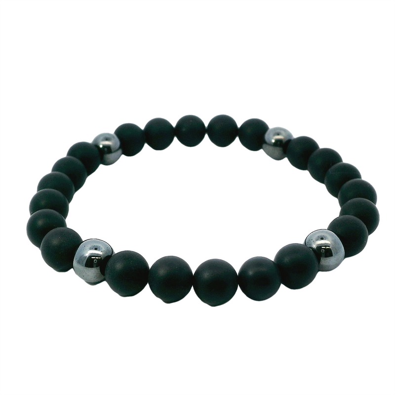 Bold & Eye Catching 8MM Agate & Hematite Bead Bracelet, Length 8 Inch