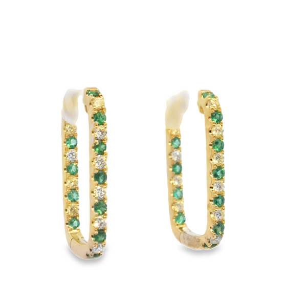 Yellow 14 Karat Gold 0.44 Carats Emerald & 0.47 Carats Diamond Medium Hoop Earrings